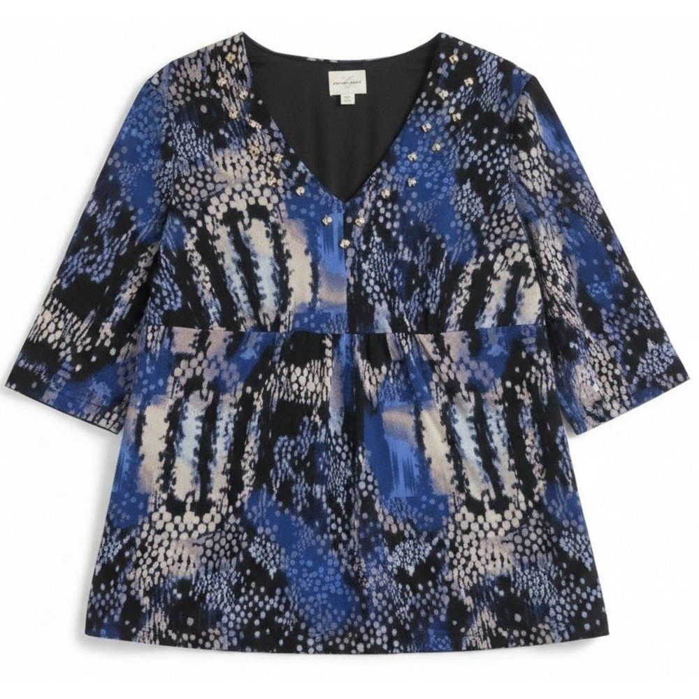 Emma James Blue Black Snakeskin Print Studded V-Neck Mesh Blouse Top, Women's XL